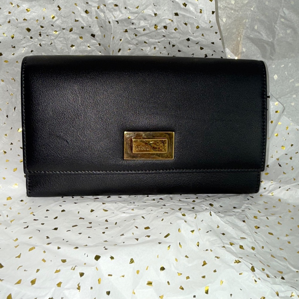 Fendi Roma Black‎ Leather Authentic Continental Wallet Clutch Gold Hardware